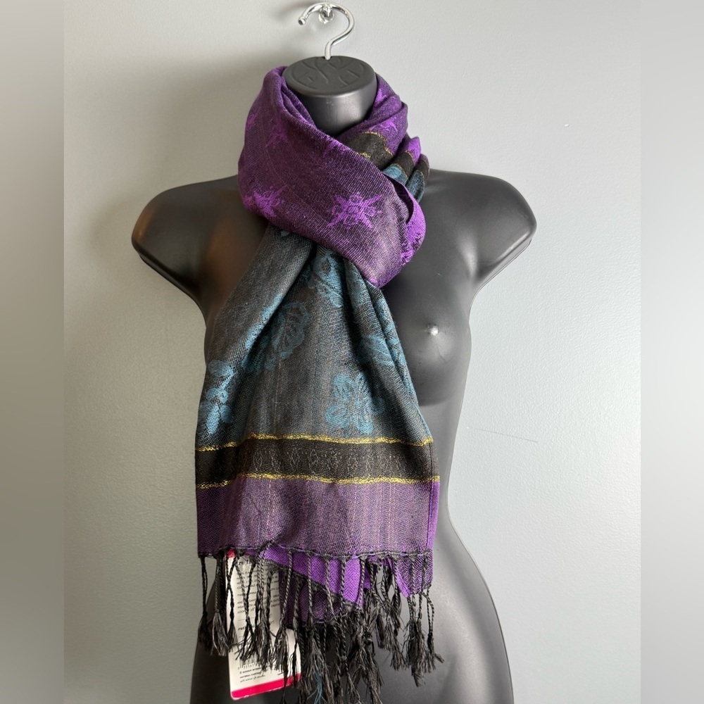 Tru-Fit Pashmina 100% Acrylic Scarf NWT 28"x82" Purple Blue Black & Gold